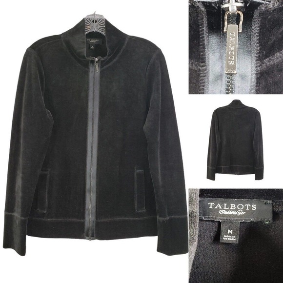 Talbots Jacket Womens Medium Velour Black Zip Up Jacket Long Sleeve Velvet - Picture 1 of 7